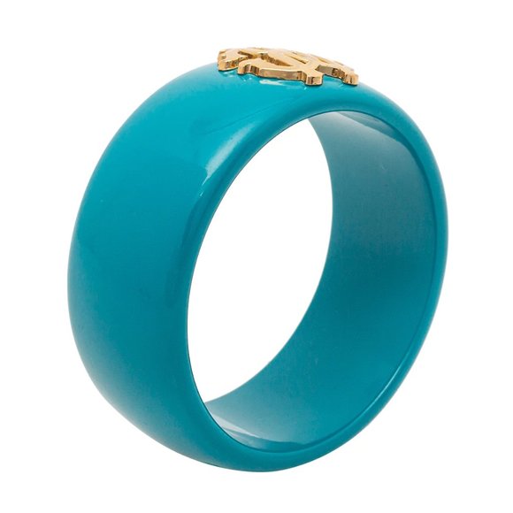 NEW Rare Luxe Authentic ROBERTO CAVALLI Teal Blue Gold Logo Wide Bangle Bracelet - Picture 4 of 6